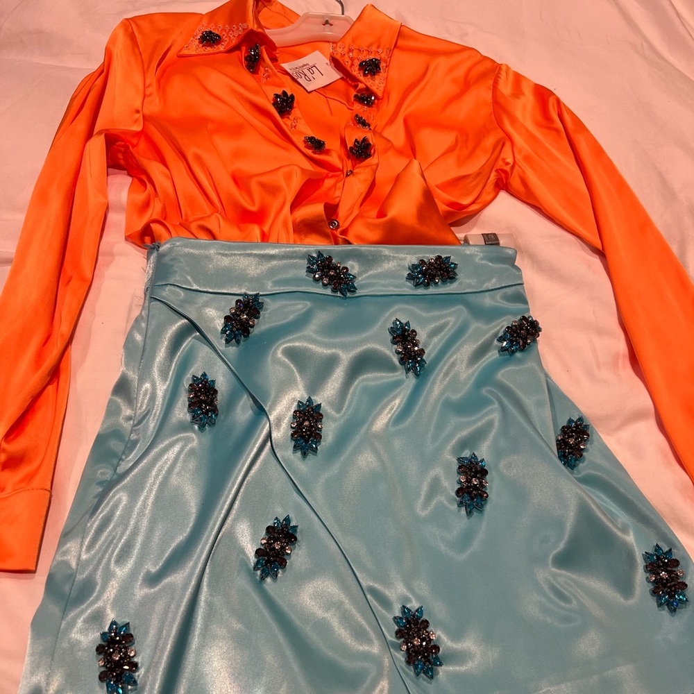 LJ Rose Orange/blue  Asymmetrical Embellished Mini Skirt and blouse set